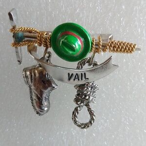 VINTAGE  "VAIL " PIN WITH CHARMS  HAT BOOT ROPE ENAMEL